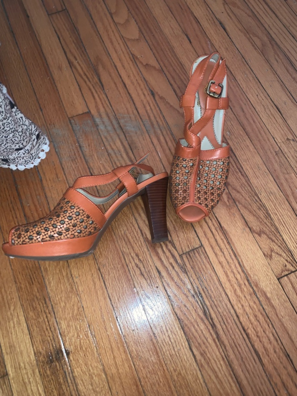 Clarks Orange Woven Leather Peep-Toe Slingback Heels